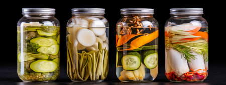 Jars with pickled vegetables on a black background. Preserved food. selective focus. Generative AIの素材