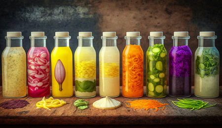 Variety of vegetable and fruit juices in bottles on wooden background. selective focus. Generative AIの素材