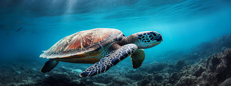 Green sea turtle swimming in the blue ocean. Underwater panoramic view. selective focus. Generative AIの素材