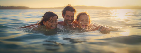 Happy family having fun in the water at sunset. Mother, father and daughter swimming together in the sea. selective focus. Generative AIの素材