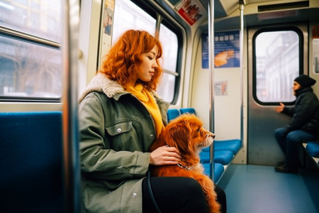 Red-haired girl in a coat with a dog in the train. selective focus. Generative AIの素材