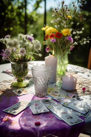 Table setting with a bouquet of wildflowers and playing cards. The concept of divination, magic and esotericism. selective focus. Generative AIの素材