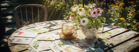 Cup of coffee with flowers on a wooden table in the garden. The concept of divination, magic and esotericism. selective focus. Generative AIの素材