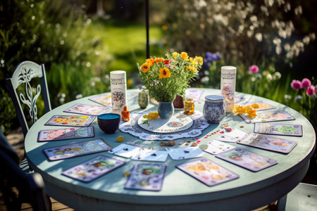Colorful tarot cards on a table in the garden. The concept of divination, magic and esotericismTarot cards on the table. selective focus. Generative AIの素材