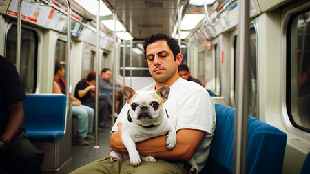 Young man with his french bulldog in the subway car. The concept of traveling by train. selective focus. Generative AIの素材