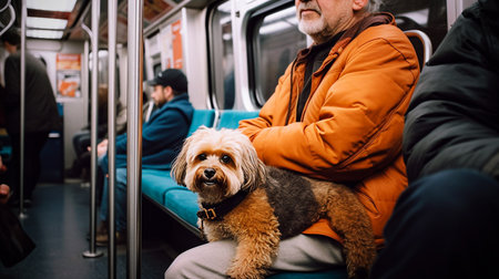 Senior man with his dog sitting in the subway car. selective focus. Generative AIの素材