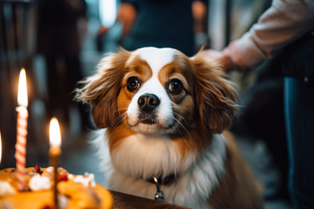 Cute dog at a birthday party with cake and candles on the table. selective focus. Generative AIの素材