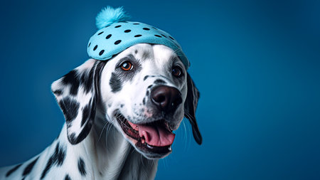 Dalmatian dog wearing a blue headband. blue background. selective focus. Generative AIの素材