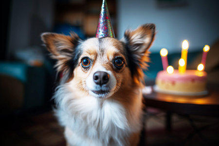 Cute dog with birthday cake at home. selective focus. Generative AIの素材