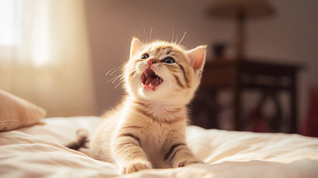 Cute little kitten yawning on the bed in the morning. selective focus. Generative AIの素材