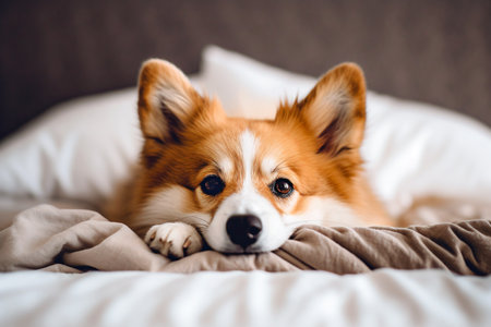 Cute Welsh Corgi Pembroke lies in bed. selective focus. Generative AIの素材