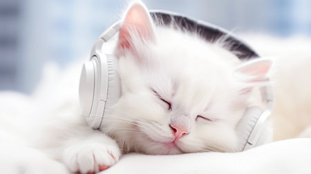 Cute little kitten with headphones on bed at home, closeup. selective focus. Generative AIの素材