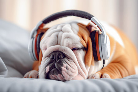 English Bulldog listening to music with headphones lying on the bed. selective focus. Generative AIの素材