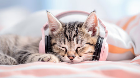 Cute little kitten with headphones on bed at home, closeup. selective focus. Generative AIの素材