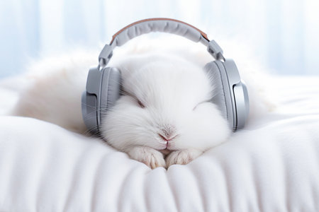 Cute little rabbit with headphones on bed at home, closeup. selective focus. Generative AIの素材