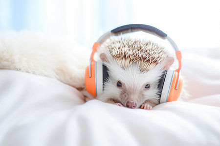 Hedgehog listening to music with headphones on bed at home. selective focus. Generative AIの素材
