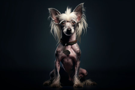 Chinese Crested Dog on a black background in a studio photo. selective focus. Generative AIの素材