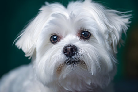 Portrait of a Maltese dog on a green background. close-up. selective focus. Generative AIの素材