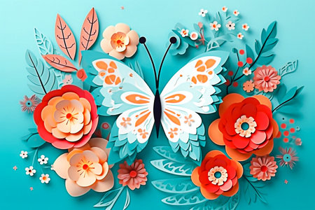 Paper cut flowers and butterfly on blue background. paper art style. selective focus. Generative AIの素材