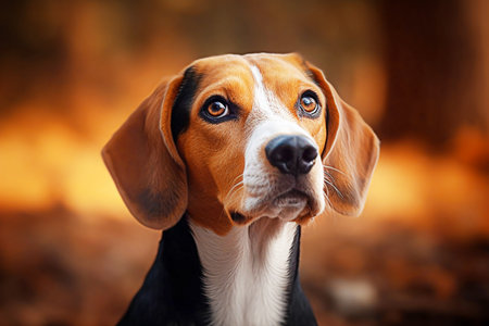 Portrait of cute beagle dog in the autumn forest. close-up. selective focus. Generative AIの素材