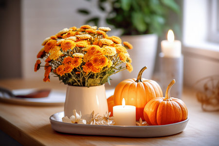 Autumn still life with orange chrysanthemum flowers, pumpkins and candles. selective focus. Generative AIの素材