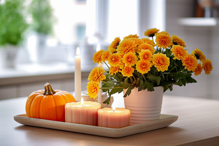 Beautiful autumn bouquet with pumpkins and candles on table in room.の素材