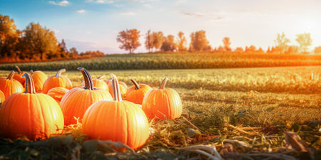 Pumpkin patch on sunny autumn day. Seasonal natural background. selective focus. Generative AIの素材