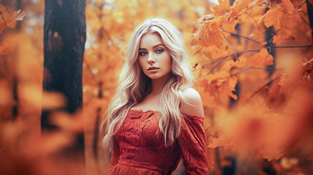 Portrait of a beautiful blonde girl in a red dress in the autumn forest. selective focus. Generative AIの素材