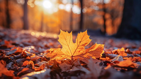 Autumn maple leaf in the forest at sunset. beautiful nature background. selective focus. Generative AIの素材