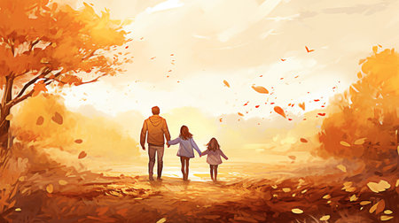 Happy family walking in autumn park. Father, mother and daughter spending time together. selective focus. Generative AIの素材