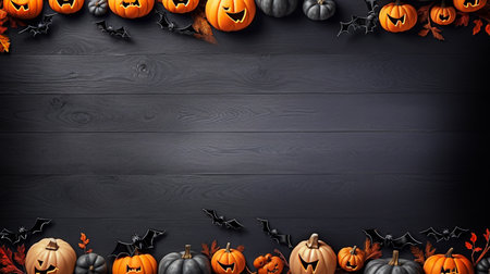 Halloween background with pumpkins, bats and spiders on black wooden background. selective focus. Generative AIの素材