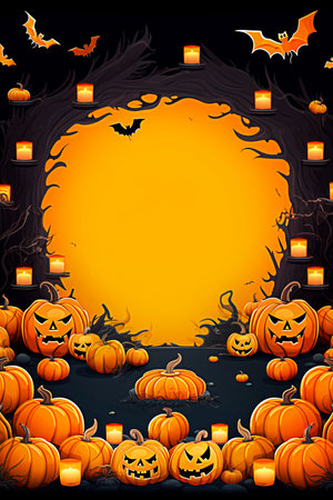 Halloween background with pumpkins and bats. Vertical illustration for your design. selective focus. Generative AIの素材
