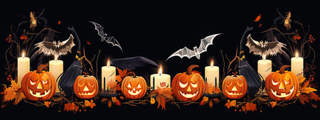 Halloween background with pumpkins, bats and candles illustration. selective focus. Generative AIの素材