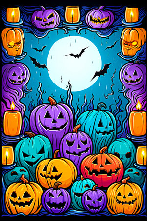 Halloween background with pumpkins, bats and candles. selective focus. Generative AIの素材