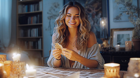Defocused Smiling blonde woman using tarot cards at home in the living room. Cartomancy and fortune telling concept. Generative AIの素材