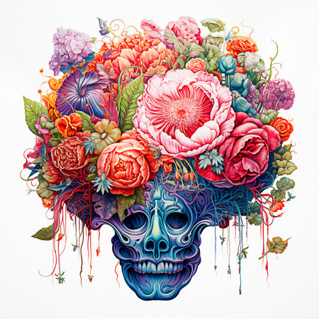 Skull with floral headdress. Dia de los Muertos. selective focus. Generative AIの素材