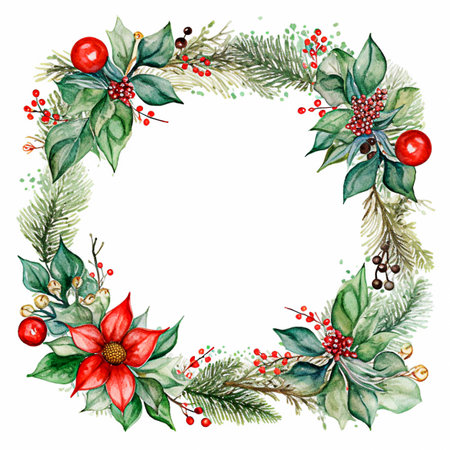 Watercolor Christmas wreath with poinsettia, holly and berries. selective focus. Generative AIの素材
