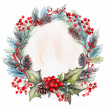 Watercolor christmas wreath with holly, mistletoe and pine cones. Hand painted illustration on white background with selective focus. Generative AIの素材