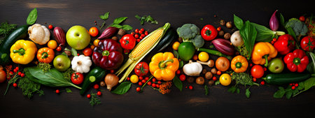 Variety of fresh organic vegetables on wooden background. top view. selective focus. Generative AIの素材
