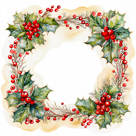 Watercolor christmas wreath with holly leaves and berries. selective focus. Generative AIの素材