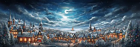 Fairy-tale village in the night. panoramic illustration. selective focus. Generative AIの素材