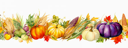 Watercolor autumn composition with pumpkins, corn, corn and leaves. hand drawn illustration. selective focus. Generative AIの素材