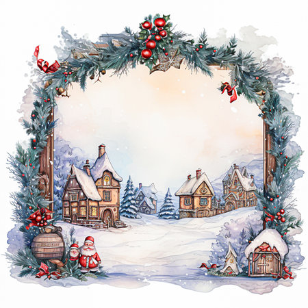 Winter landscape with wooden houses and christmas wreath. watercolor illustration. selective focus. Generative AIの素材
