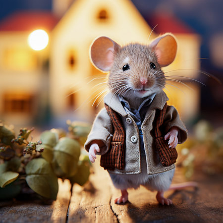 Cute little mouse in warm clothes on the background of the village. selective focus. Generative AIの素材