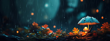 Autumn landscape with falling leaves and rain. selective focus. Generative AIの素材