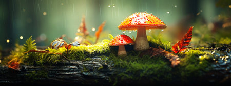 Fly agaric (Amanita muscaria) in moss. selective focus. Generative AIの素材