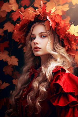 Beautiful young woman in a wreath of autumn leaves. Beauty, fashion. selective focus. Generative AIの素材