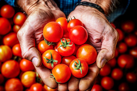 Farmer hands holding fresh ripe tomatoes. selective focus. toned. Generative AIの素材
