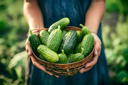 Cucumbers in a basket in the hands of a farmer. selective focus. Generative AIの素材