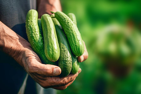 Farmer holding cucumbers in his hands. selective focus. nature. Generative AIの素材